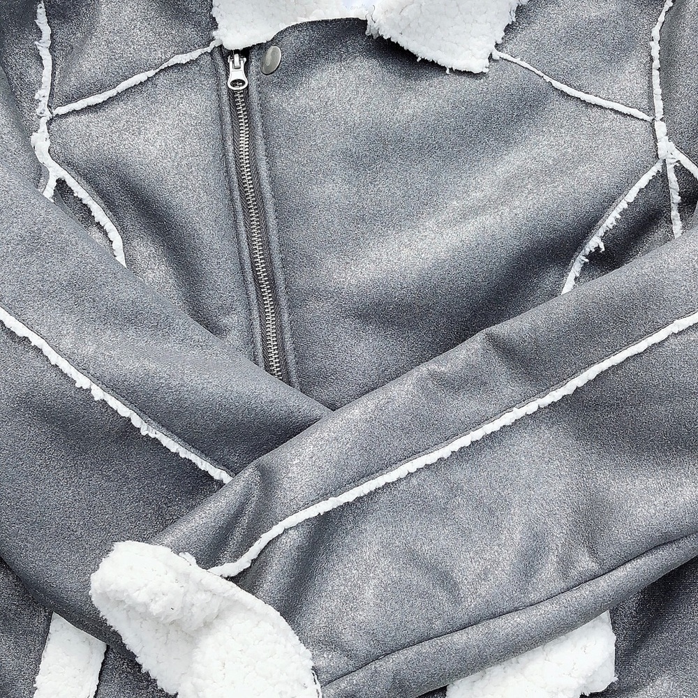 Justice Metallic Pewter Gray Faux Shearling Coat - Picture 5 of 8